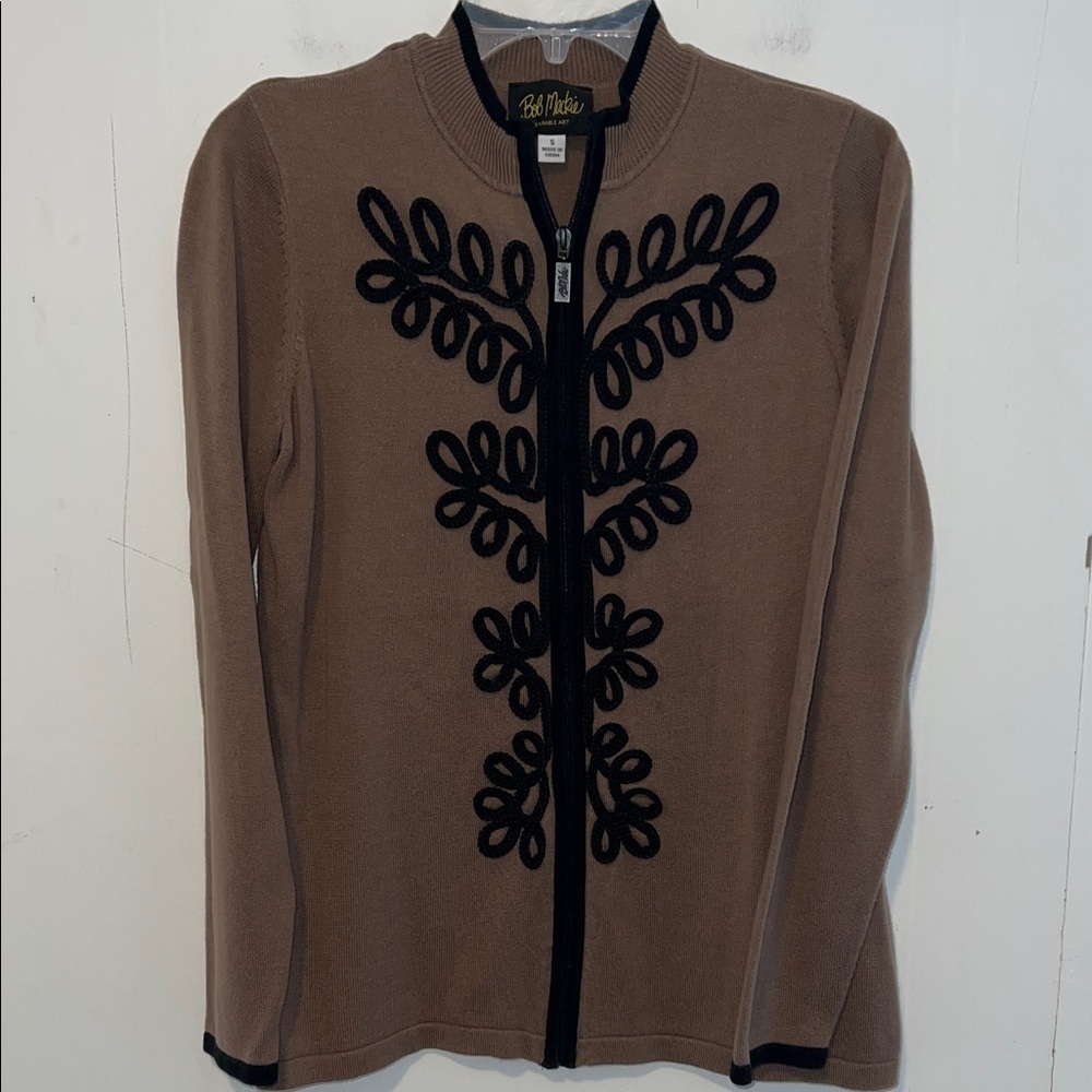 Bob Mackie Tan/Brown Zip Up Cardigan with Black Embroidered Design 03172612